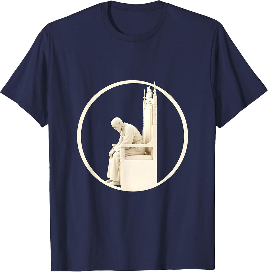 Disappointed Holy Figure Slumped on Throne Art T-Shirt - Navy Blue