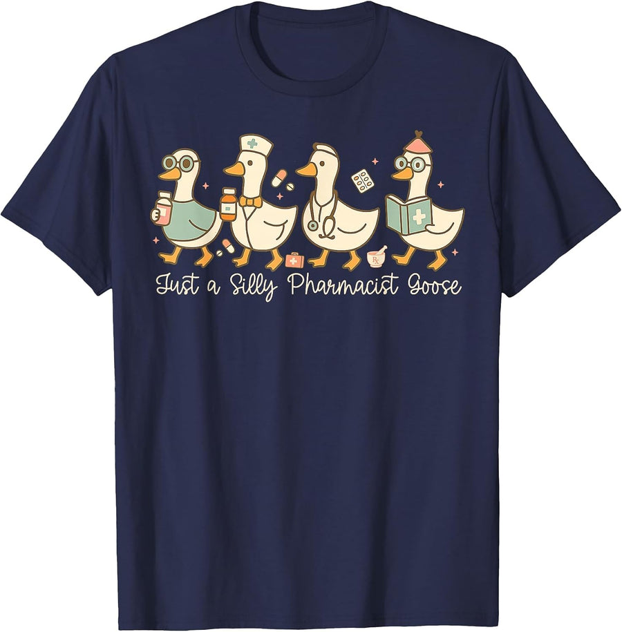 Funny Pharmacist Goose Design Silly Pharmacy Humor T-Shirt - Navy Blue