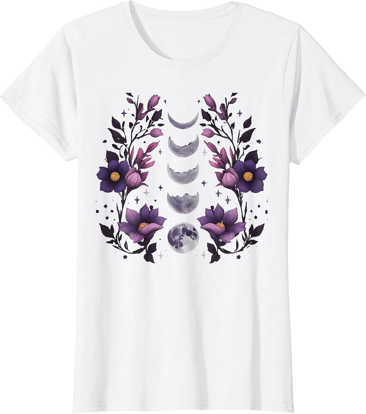 Celestial Moon Phase Boho Wildflowers Zodiac Witchcore T-Shirt - White