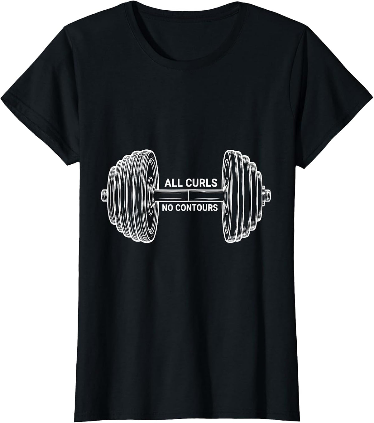 Women's All Curls No Contours Funny Gym Workout Weightlifting Humor T-Shirt - Black