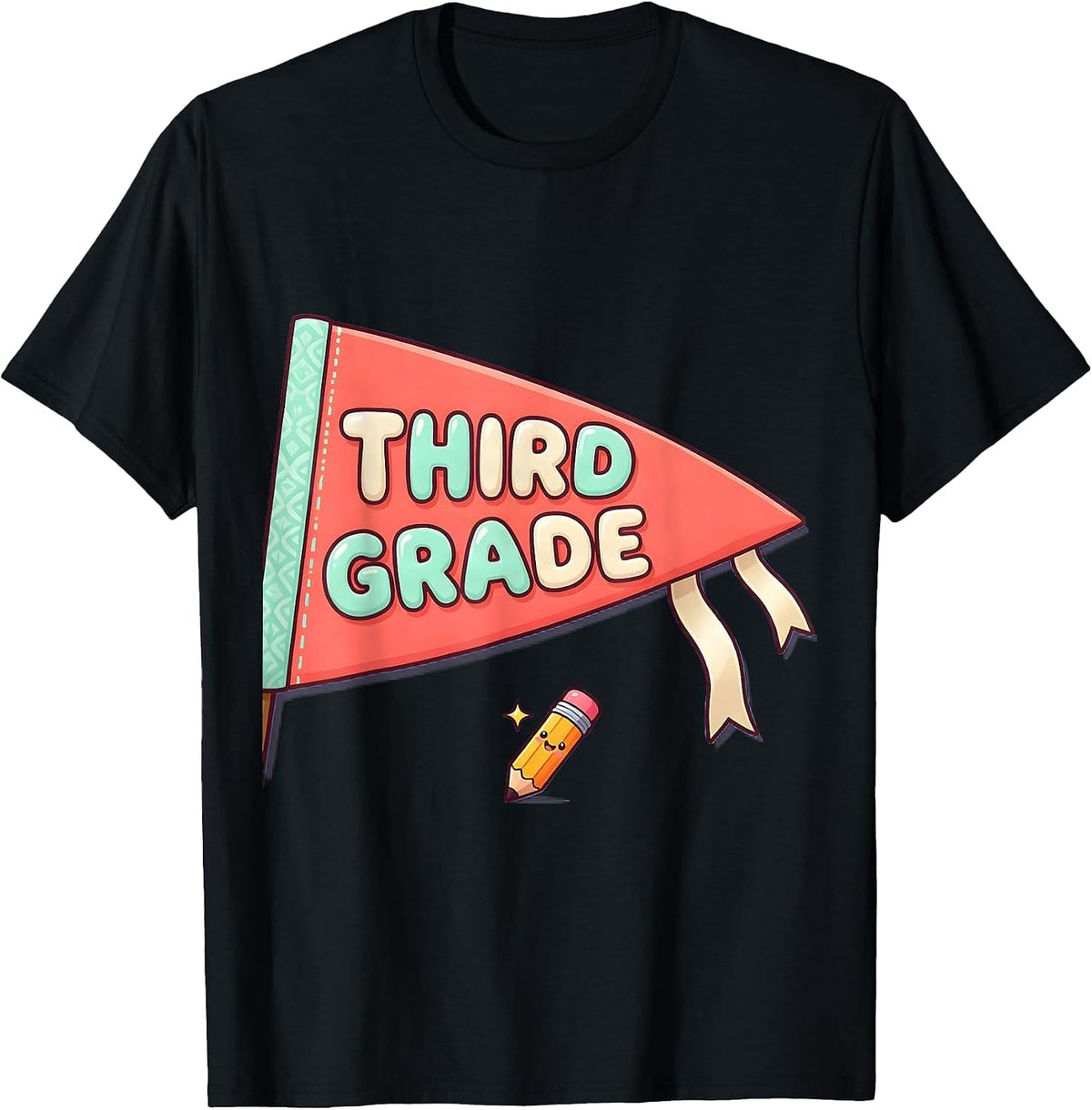 Men's Third Grade Cute Kawaii Back To School Pennant Flag T-Shirt - Black