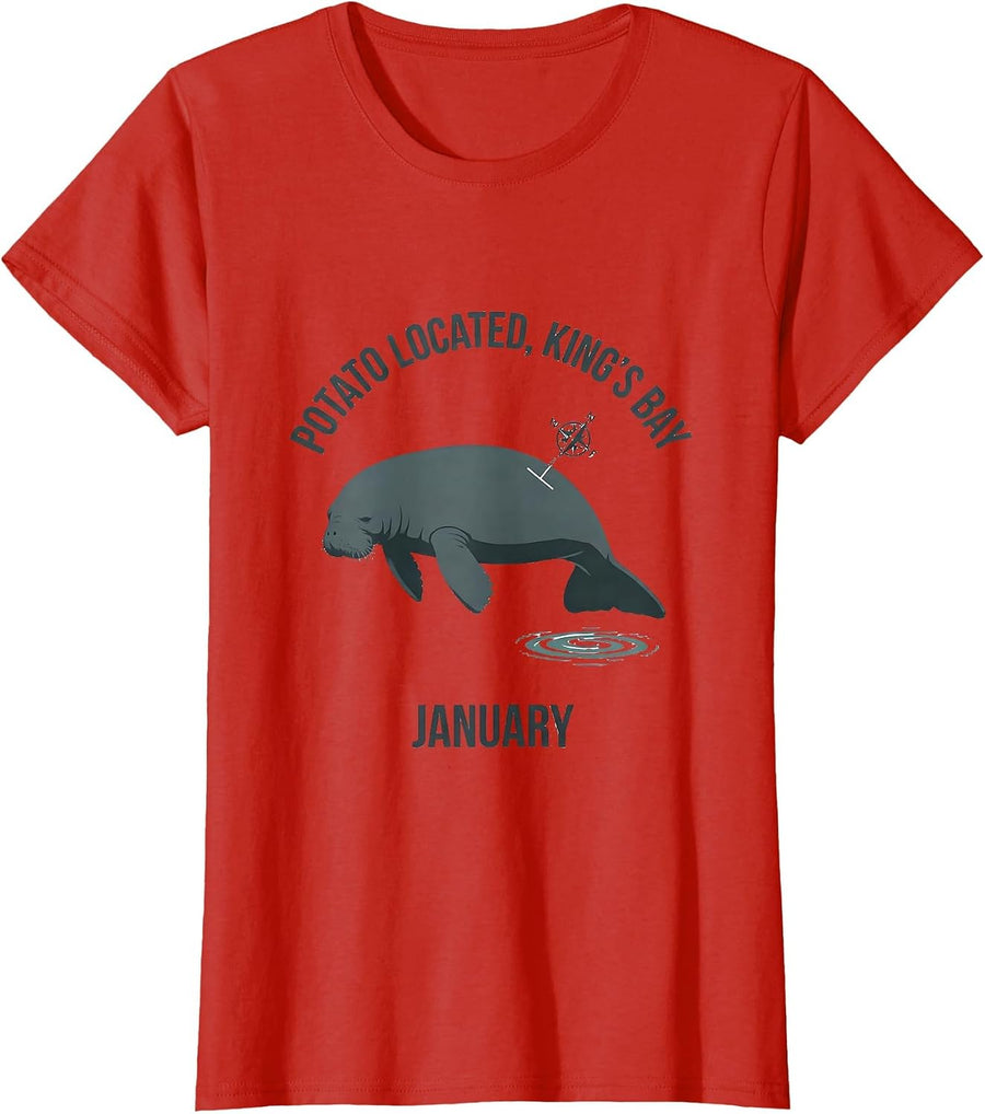 Women's Potato Located King's Bay January Manatee Lover Crystal T-Shirt - Red