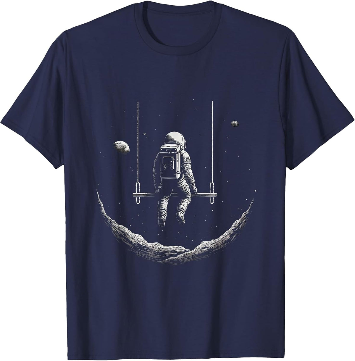 Astronaut Sitting on a Swing in Space Stars Moon T-Shirt - Navy Blue