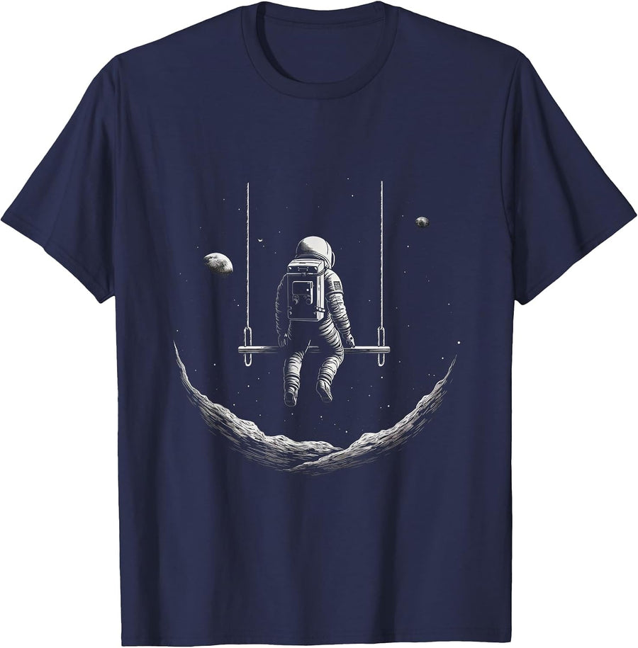 Astronaut Sitting on a Swing in Space Stars Moon T-Shirt - Navy Blue