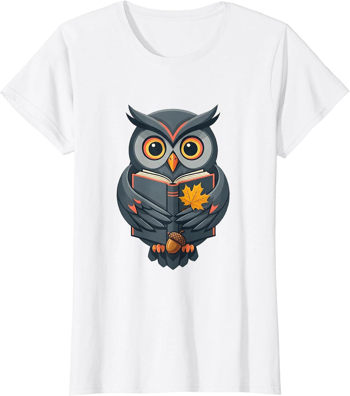 Round-Eyed Owl Book Lover Flat Vector Fall Gift T-Shirt - White