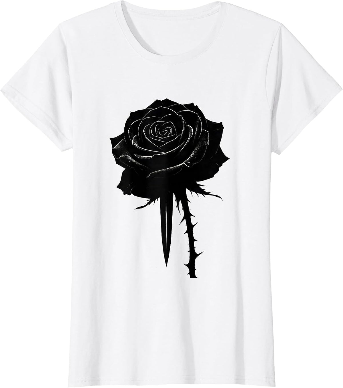 Women's Black Rose and Dagger Goth Dark Art Design T-Shirt - White