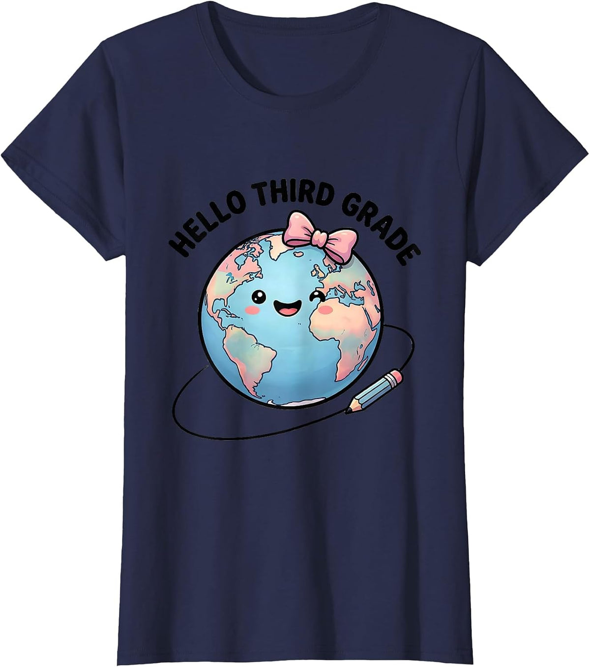 Women's Hello Third Grade Cute Kawaii Back to School Bow Pencil T-Shirt - Navy Blue