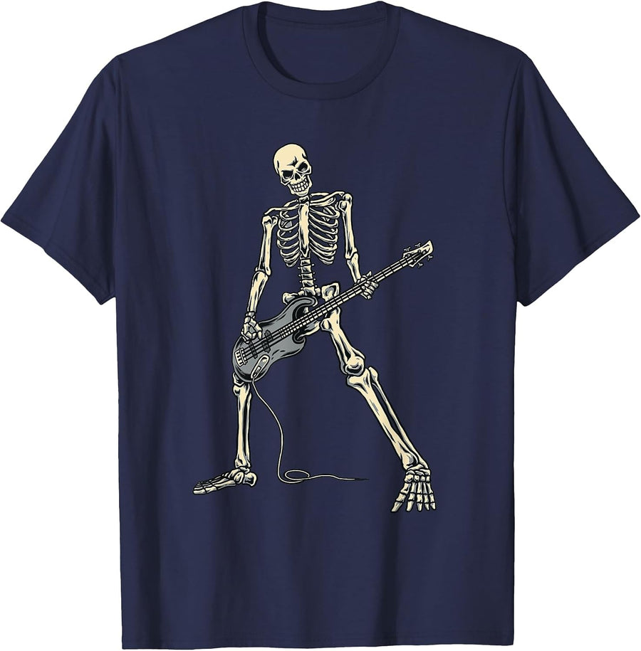 Skeleton Playing Bass for Bassist and Bass Guitarist Present T-Shirt - Navy Blue