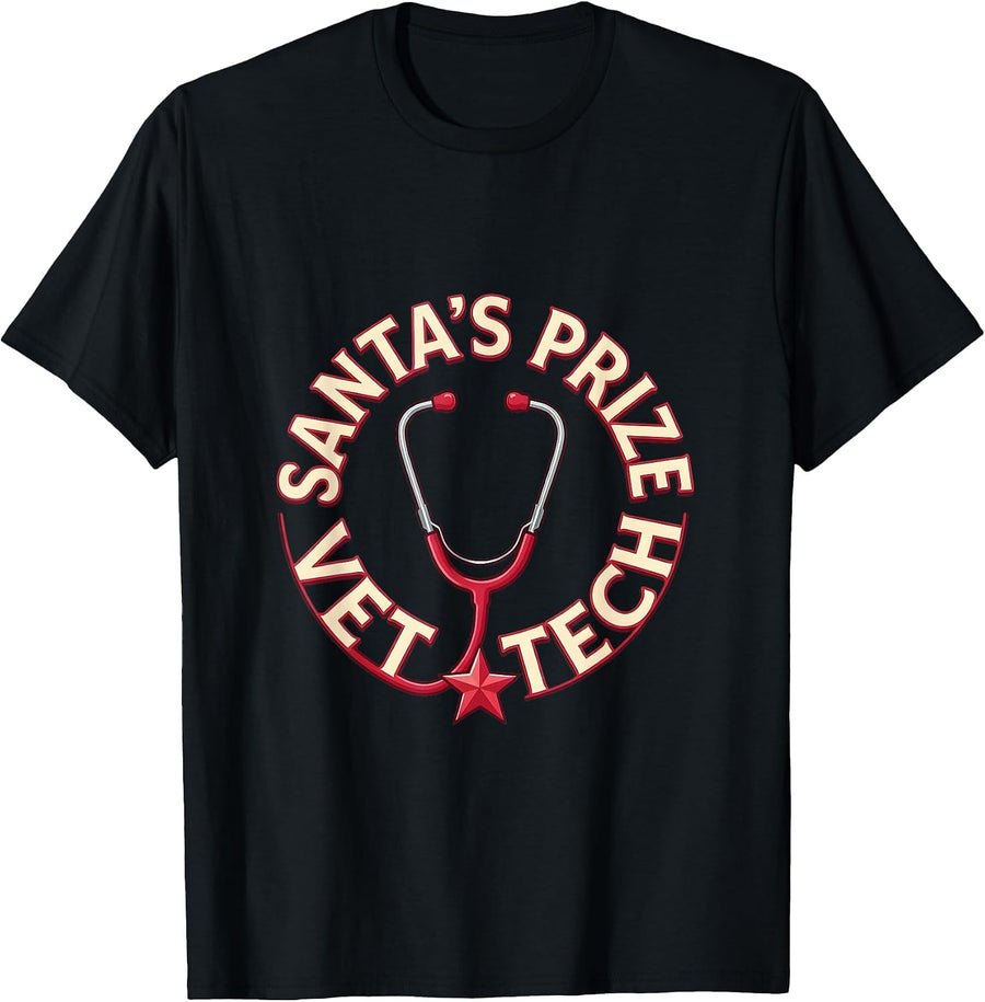 Men's Santa's Prize Vet Tech Funny Veterinary Technician Christmas T-Shirt - Black