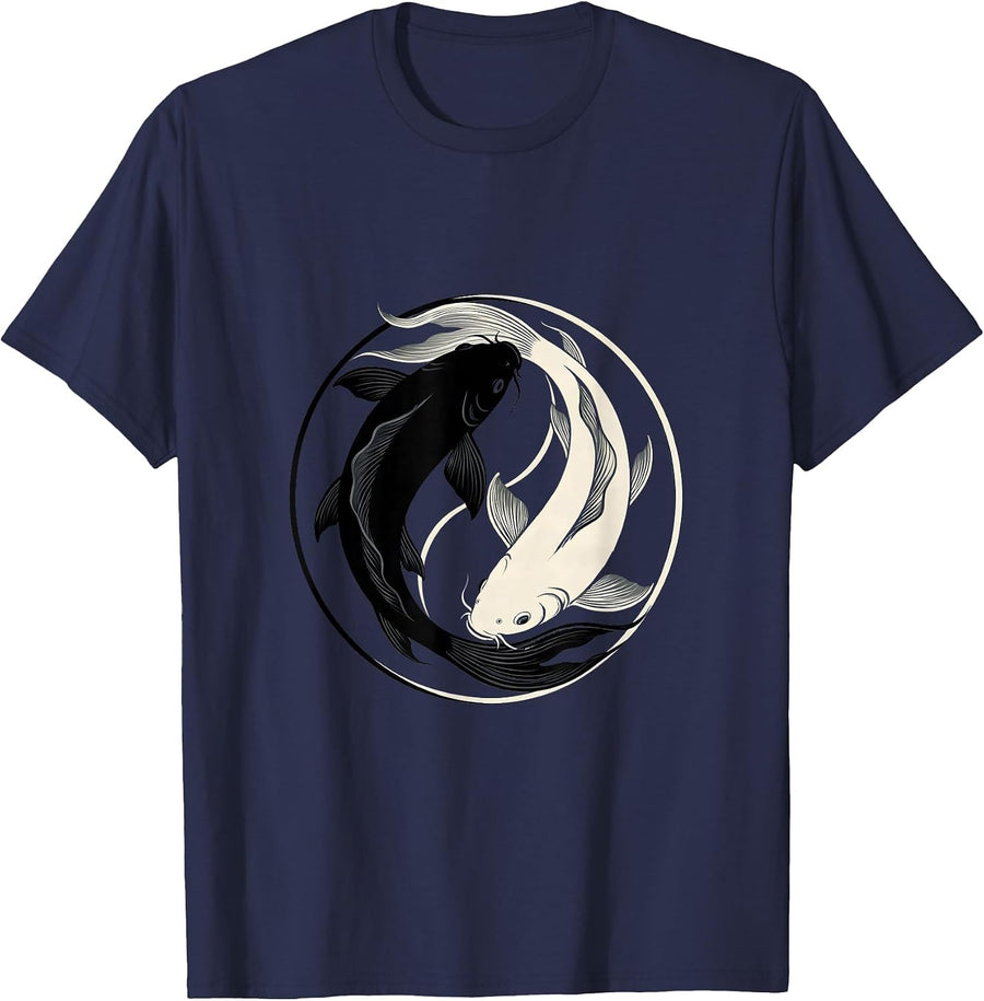 Yin Yang Koi Fish Circling Harmony Design T-Shirt - Navy Blue