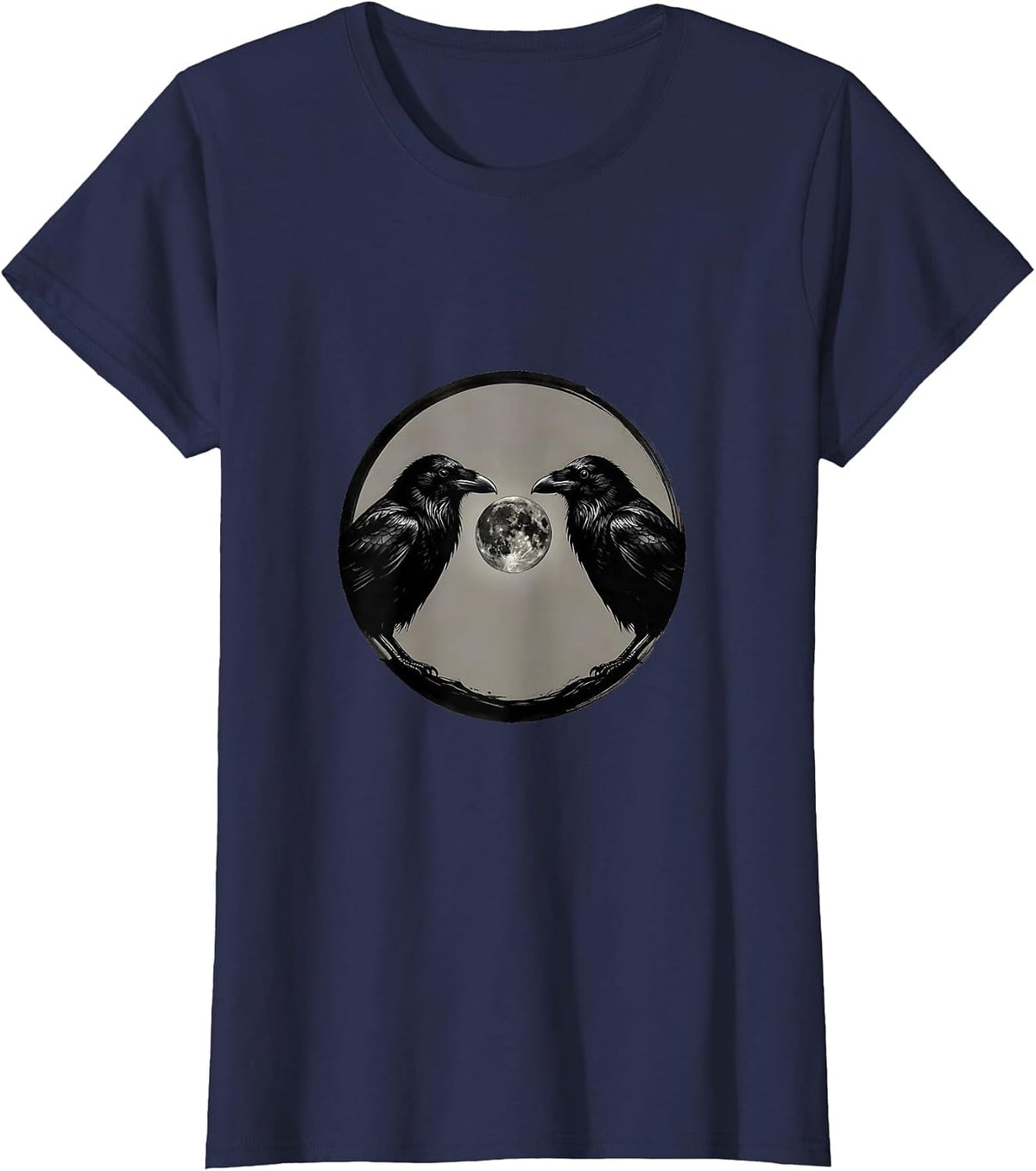Women's Sealed Crow Moon Minimalist Gothic Raven Art T-Shirt - Navy Blue