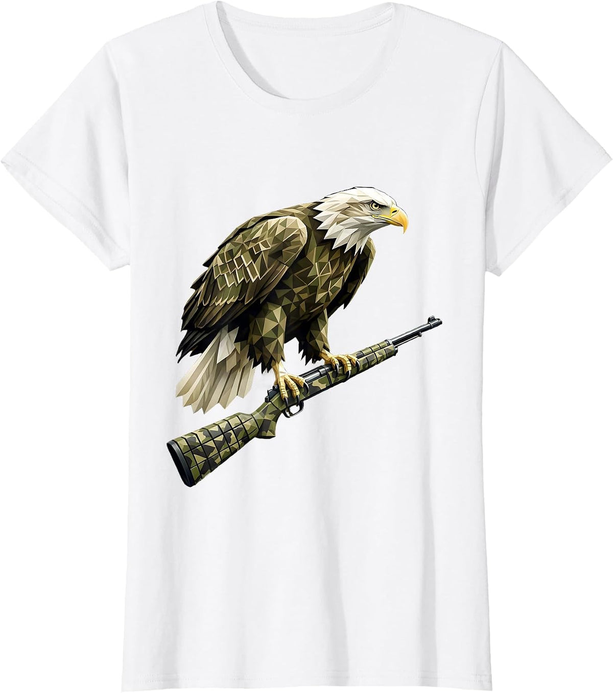Camo Bald Eagle Perched on Rifle Barrel T-Shirt - White