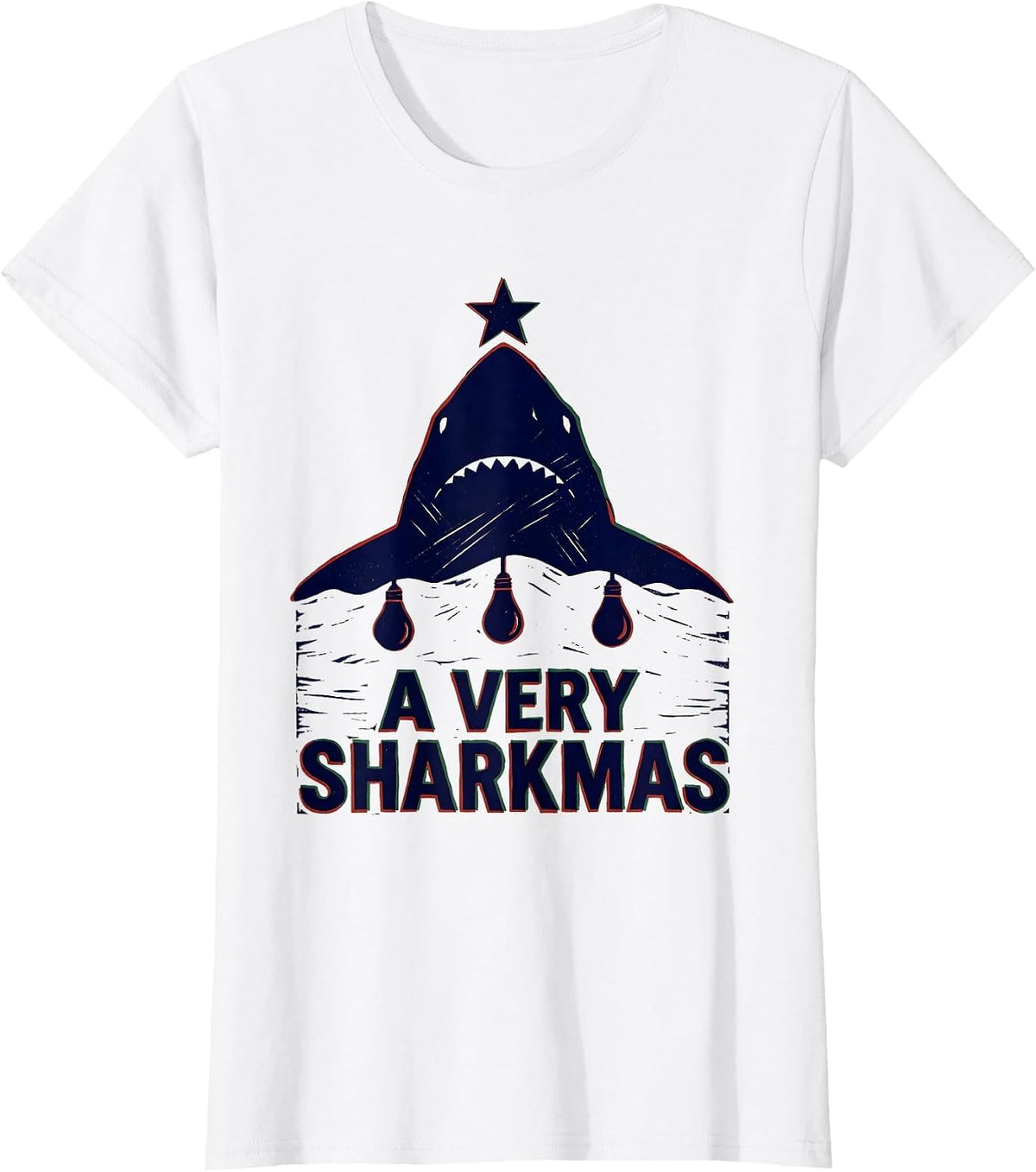 Women's A Very Sharkmas Linocut Shark Lover Christmas Pun Humor T-Shirt - White