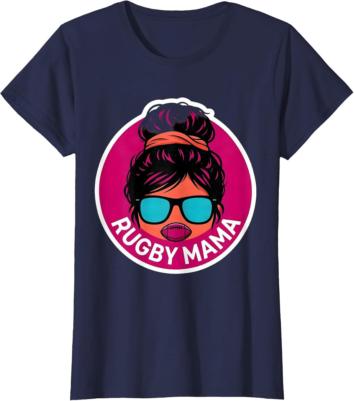 Women's Rugby Mama Funny Messy Bun Sports Mom Team Pride T-Shirt - Navy Blue