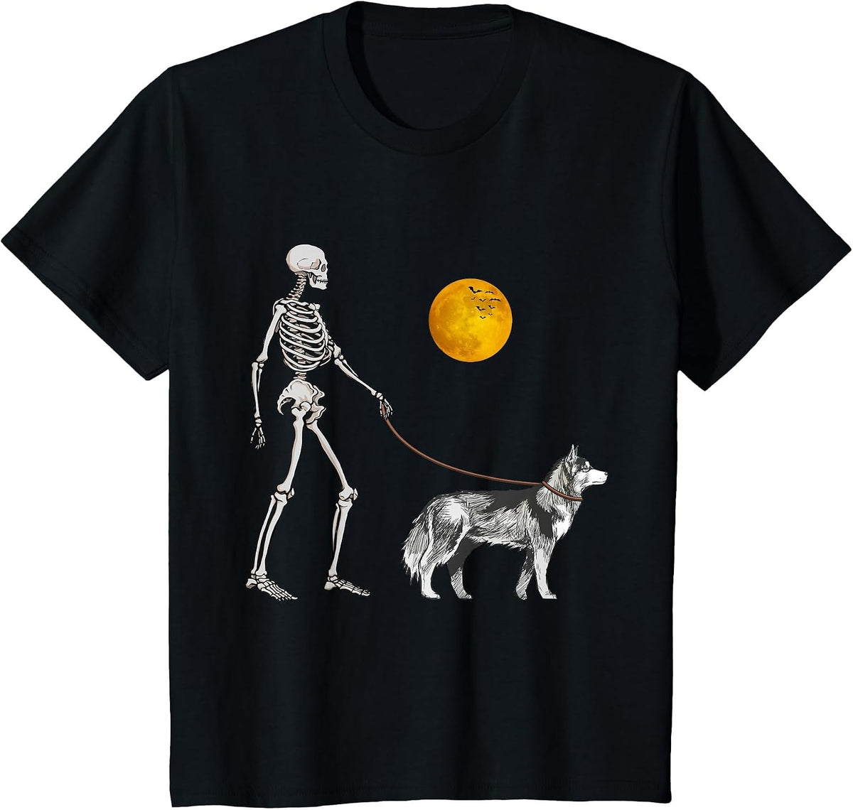 Siberian Husky Skeleton Dog Walking Halloween Costume T-Shirt - Black