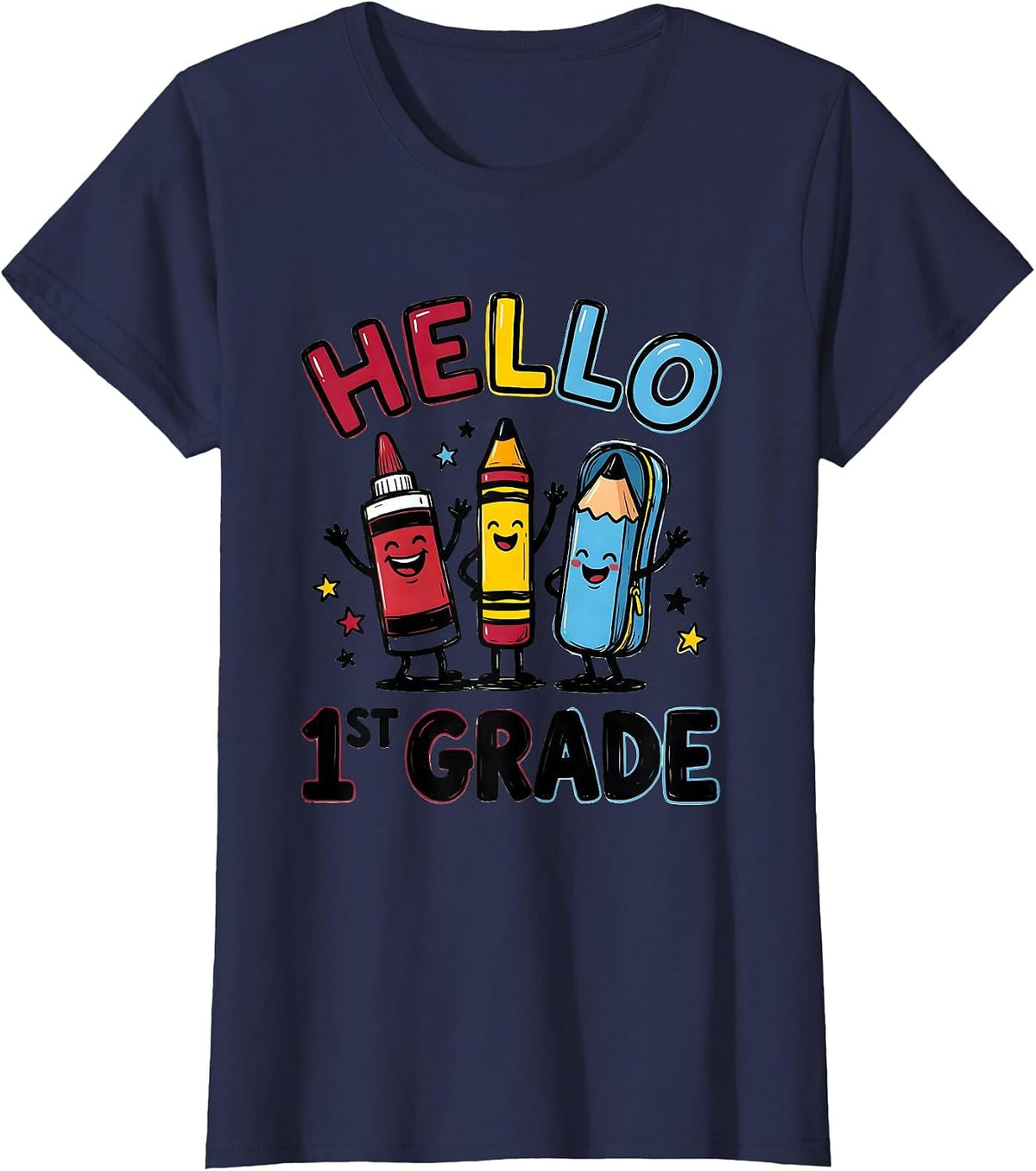 Women's Hello, 1st Grade Cute School Supplies Back To School Teacher T-Shirt - Navy Blue