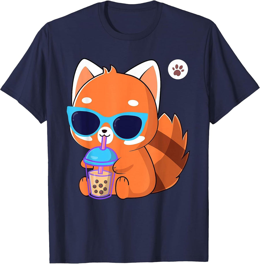 Kawaii Cute Red Panda Boba Bubble Tea T-Shirt - Navy Blue