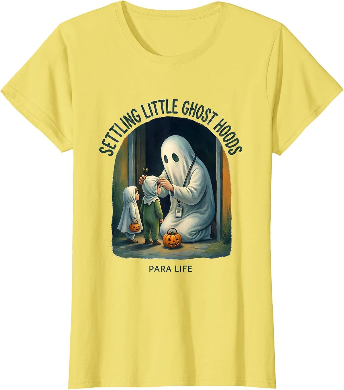 Women's Settling Little Ghost Hoods Para Life Paraeducator Halloween T-Shirt - Lemon Yellow
