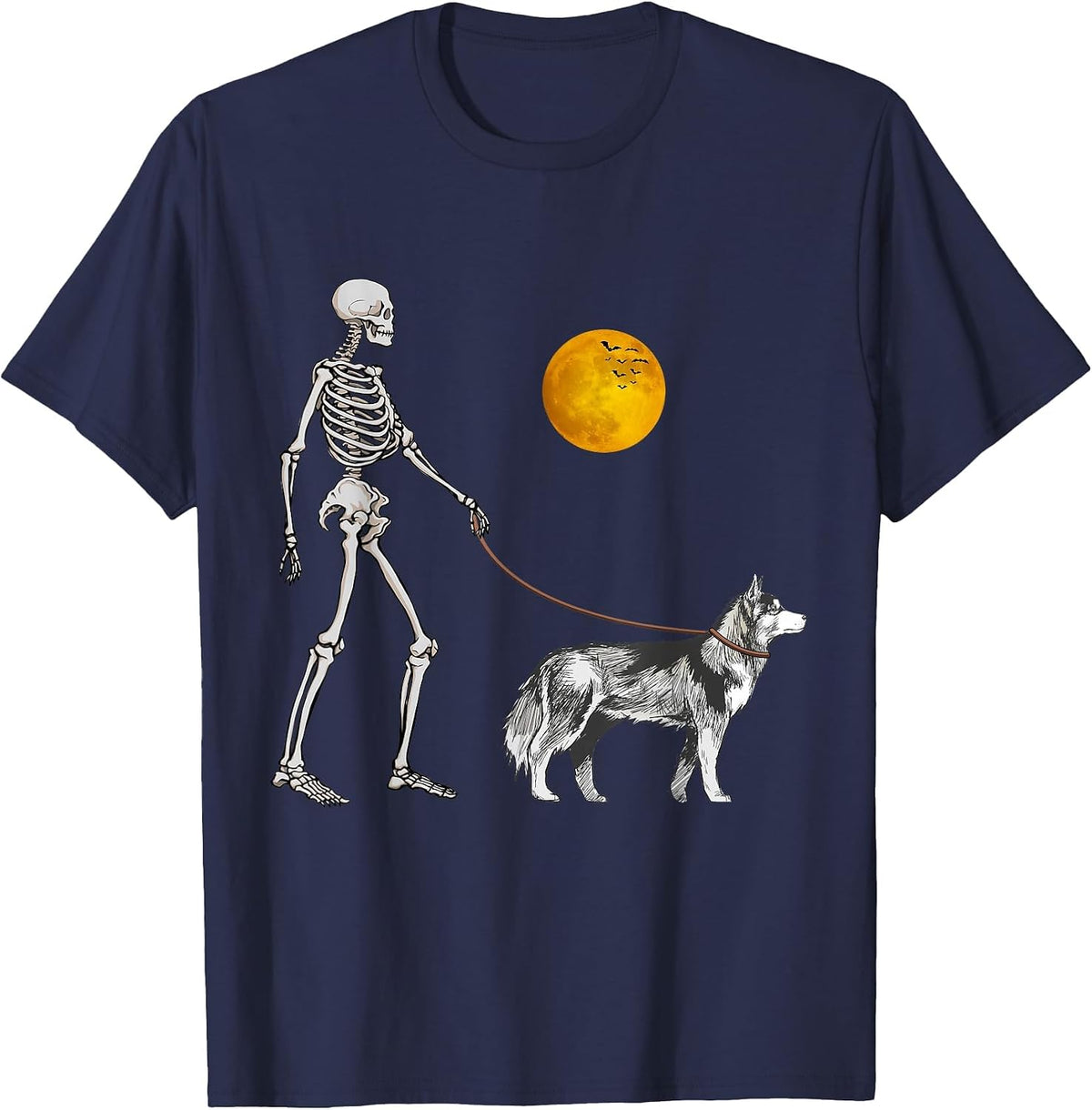 Siberian Husky Skeleton Dog Walking Halloween Costume T-Shirt - Navy Blue
