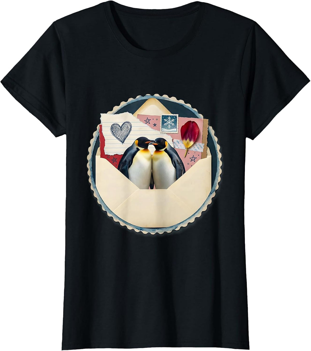 Penguin Love Couple Huddled in Snow Illustration T-Shirt - Black