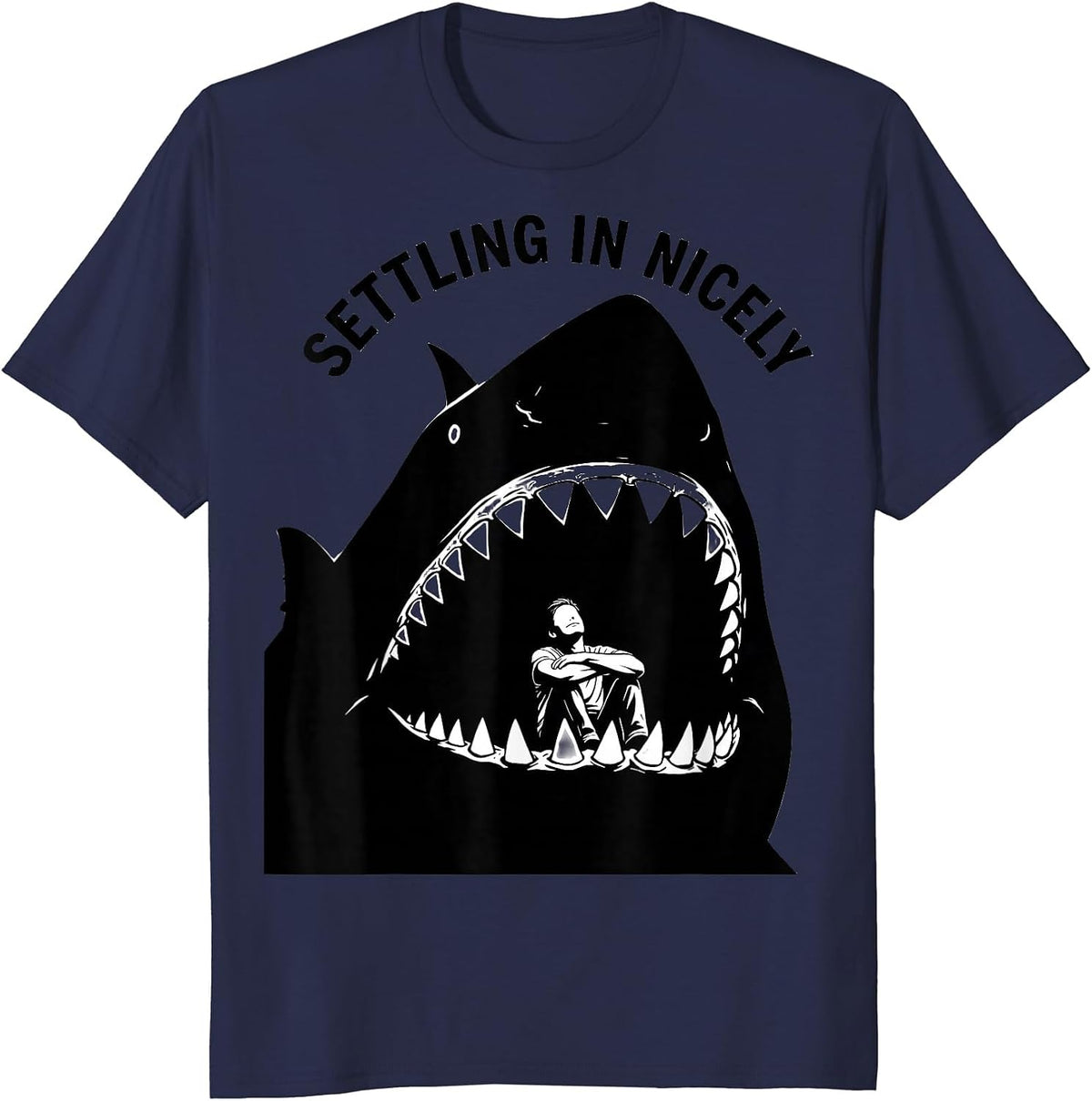Men's Settling In Nicely Funny Shark Jaw Halloween Costume Novelty T-Shirt - Navy Blue