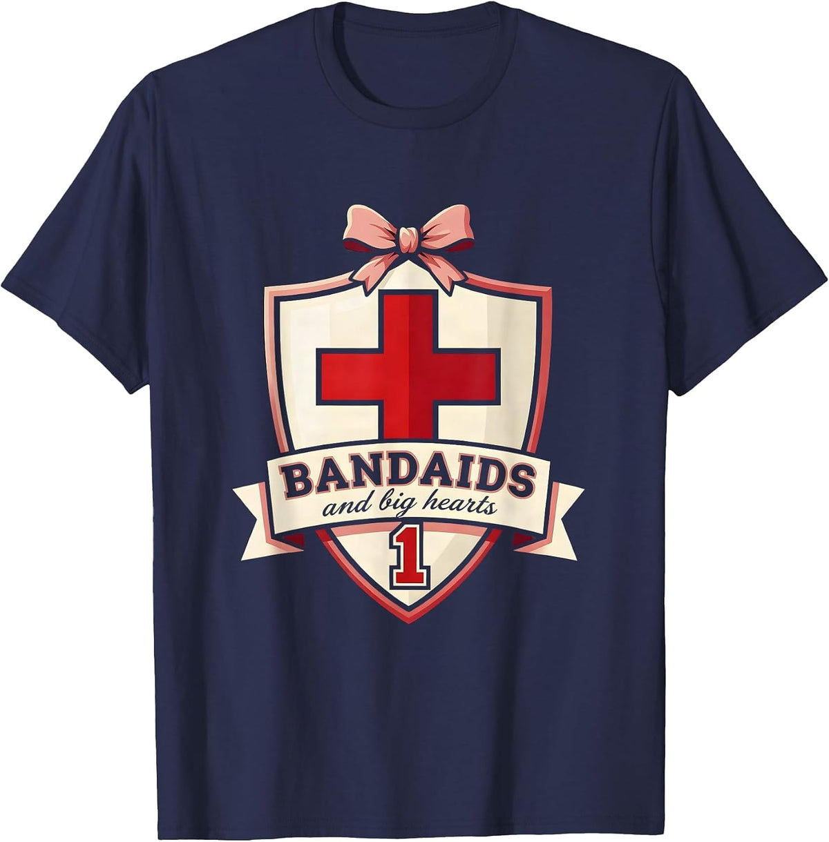 Men's Bandaids and Big Hearts School Nurse Design T-Shirt - Navy Blue