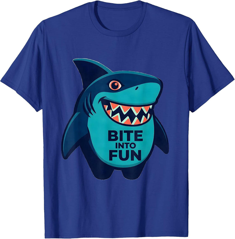 Bite Into Fun Playful Shark Lover Wildlife Mascot Logo T-Shirt - Royal Blue