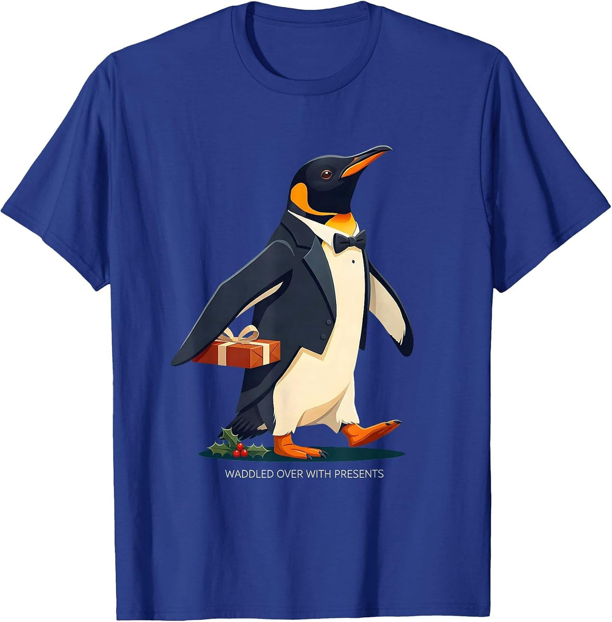 Men's Waddled Over With Presents Funny Penguin Lover Christmas T-Shirt - Royal Blue