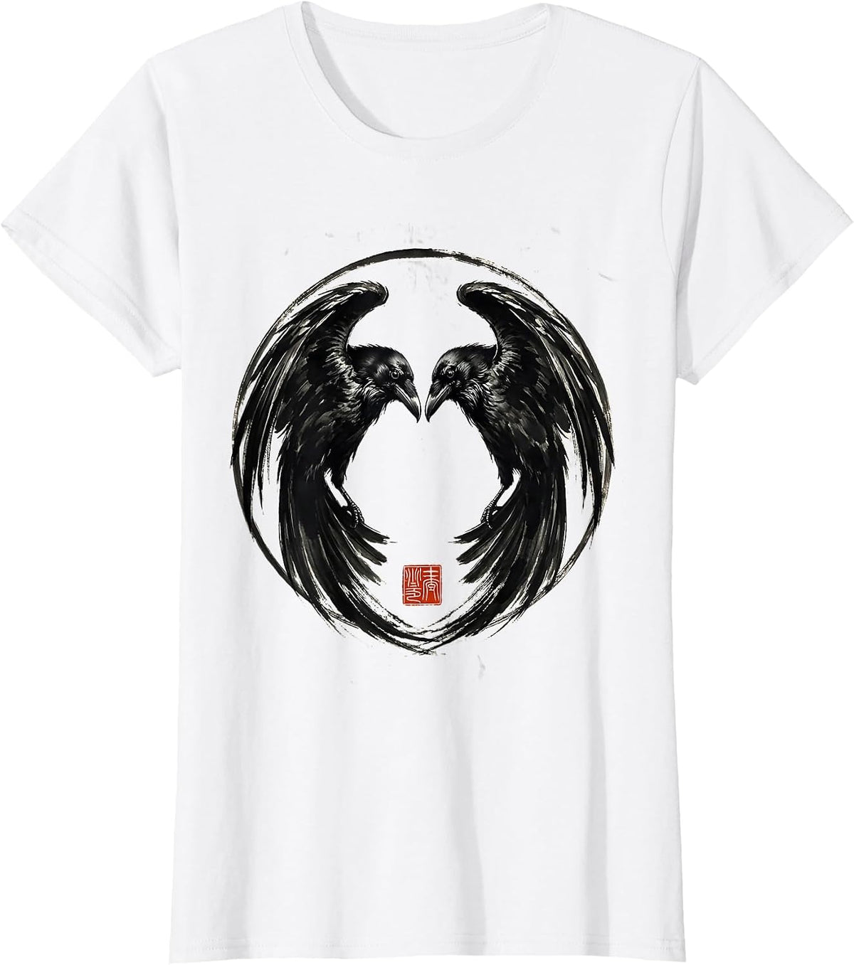 Twin Ravens Symmetrical Mirror Design T-Shirt - White