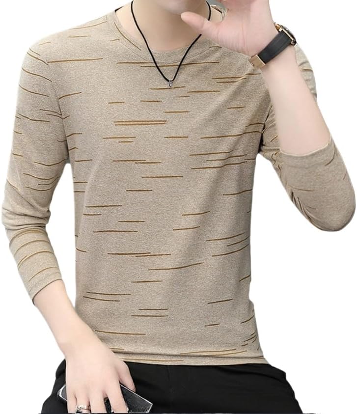 Mens Shirt Striped Crewneck Long Sleeve T Shirt Basic Pullover Classic Dry Fit Sport Golf Shirts Casual Tee Shirt - Khaki