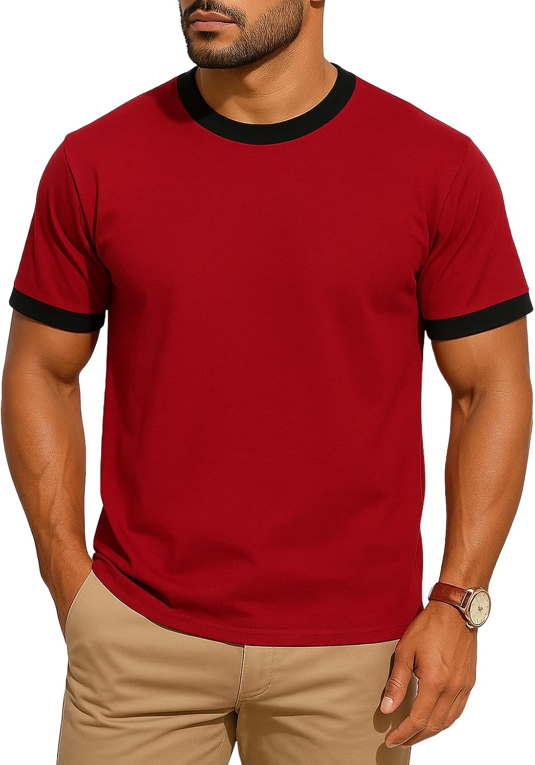 JustBlanks Men's Ringer Tee Shirt – 100% Cotton Short Sleeve Tshirt for Men - Red\/ Jet Black