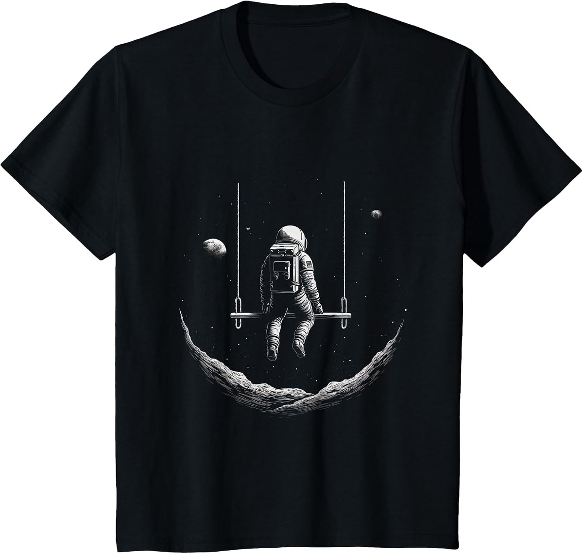 Astronaut Sitting on a Swing in Space Stars Moon T-Shirt - Black