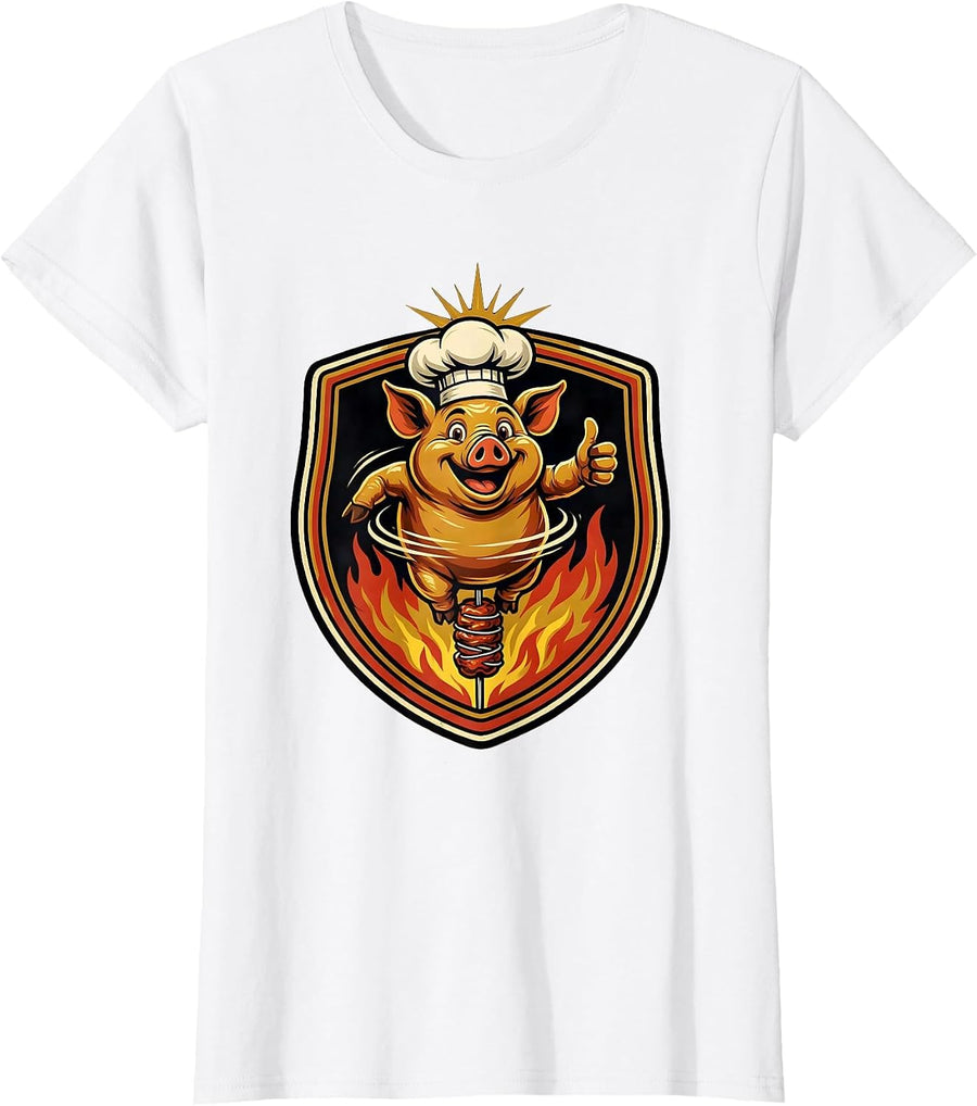 Women's Oktoberfest Roasted Pig on a Spit Illustration T-Shirt - White