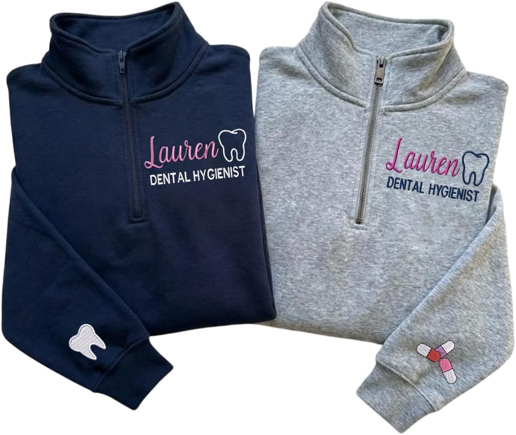 Custom Dental Sweatshirt, Personalized Embroidered Dental Quarter Zip Sweatshirt, Dentist Gift, RDH Gifts - 01