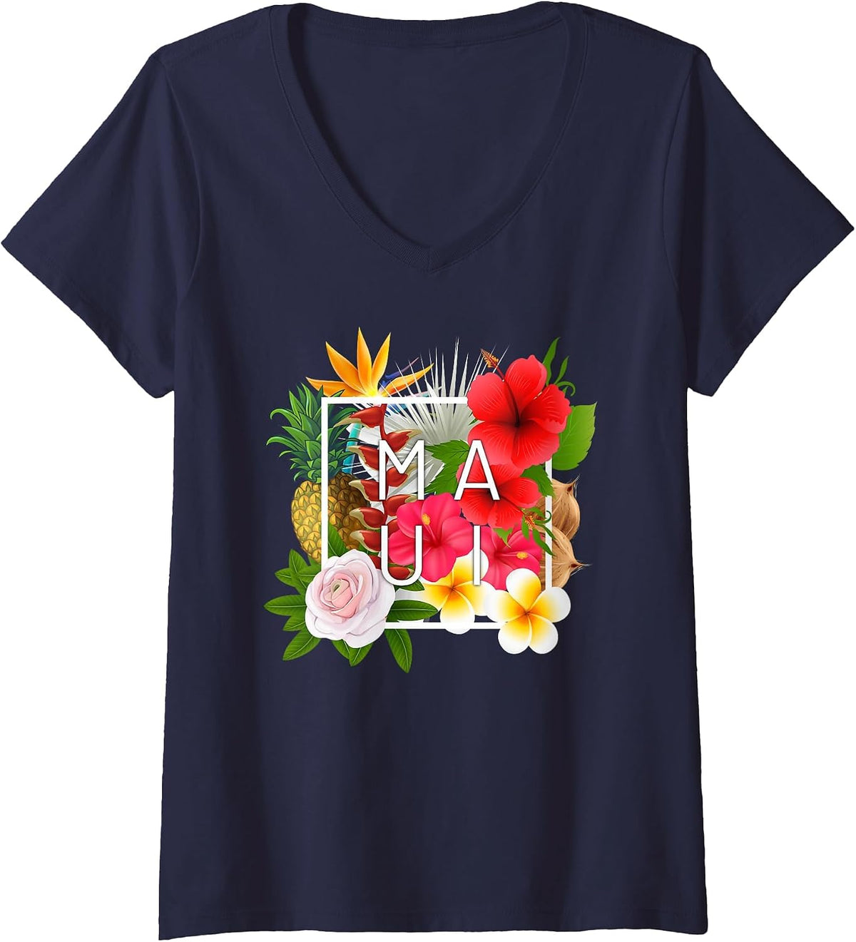 Women's Flowers of Maui Word Art - Hawaiian Island Souvenir V-Neck T-Shirt - Navy Blue