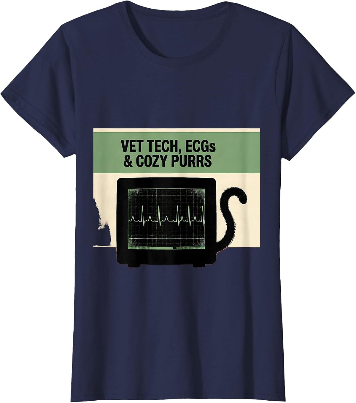 Women's Vet Tech, ECGs & Cozy Purrs Screenprint Poster Veterinary T-Shirt - Navy Blue