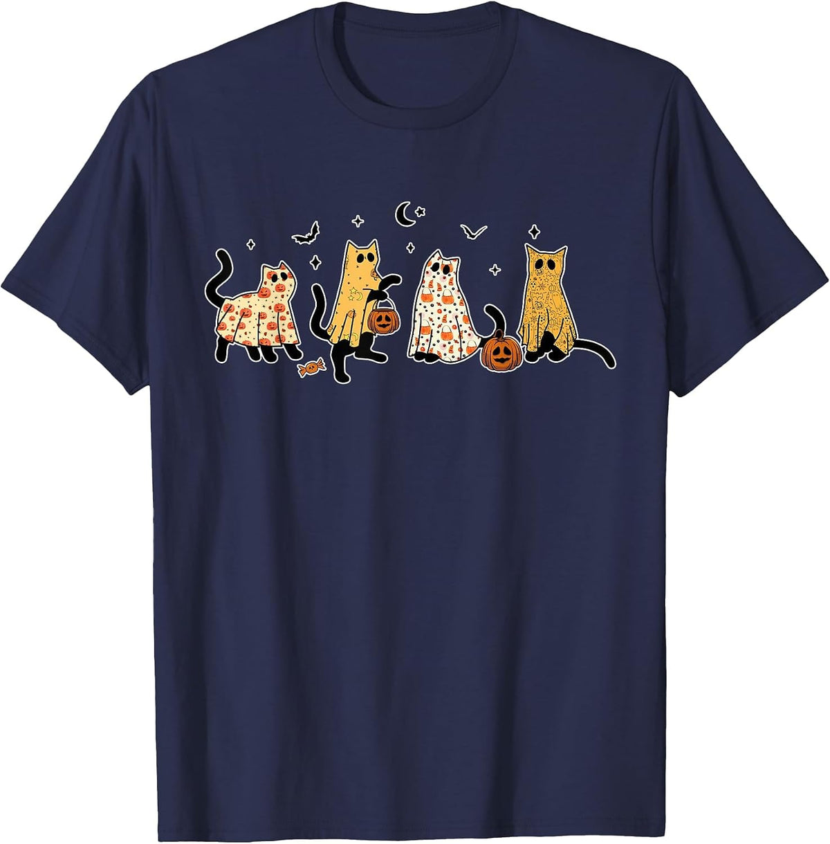 Cute Black Cats in Ghost Costume Women and Men Halloween T-Shirt - Navy Blue