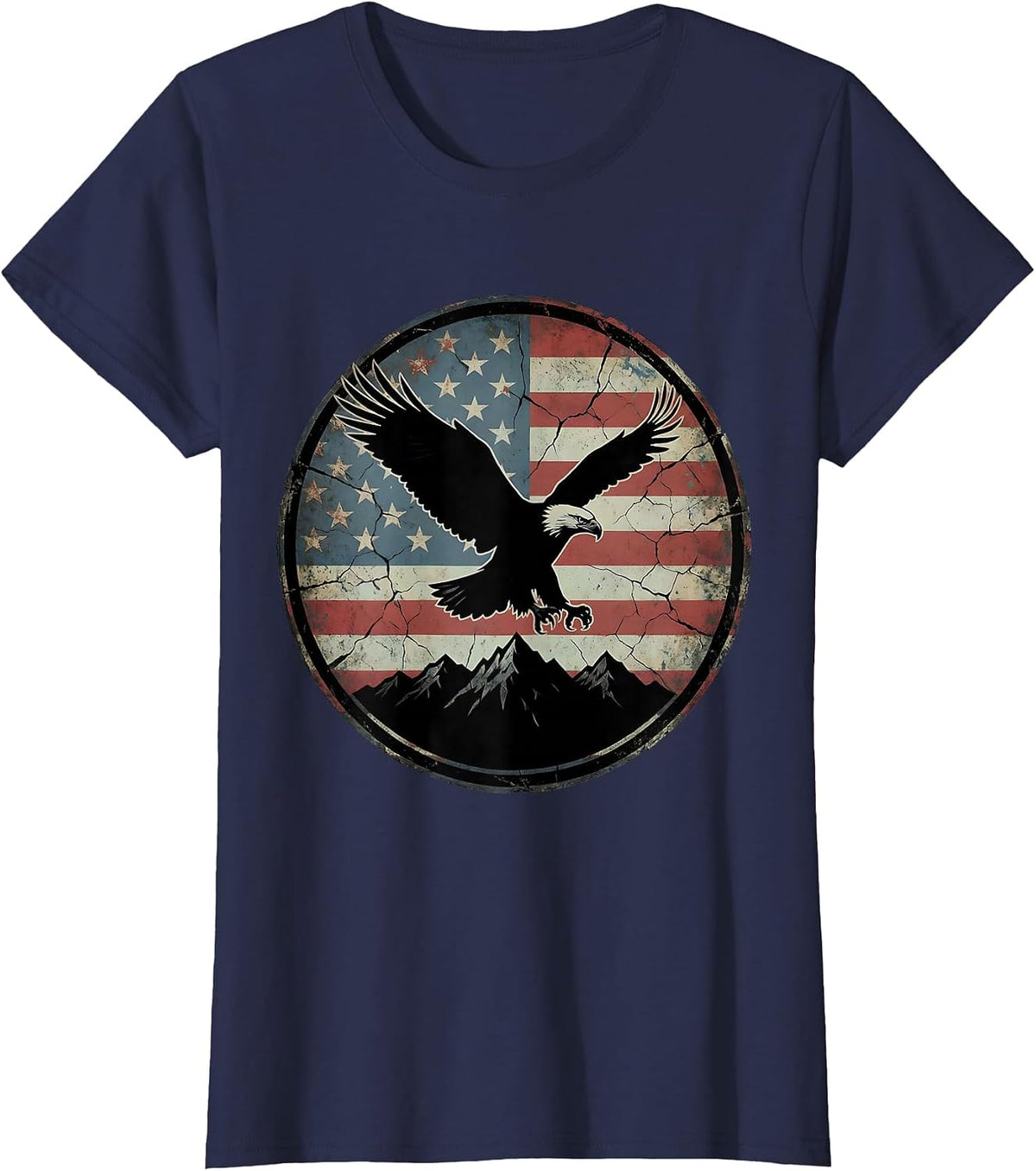 Women's Bald Eagle Soaring Over Mountain Range T-Shirt - Navy Blue