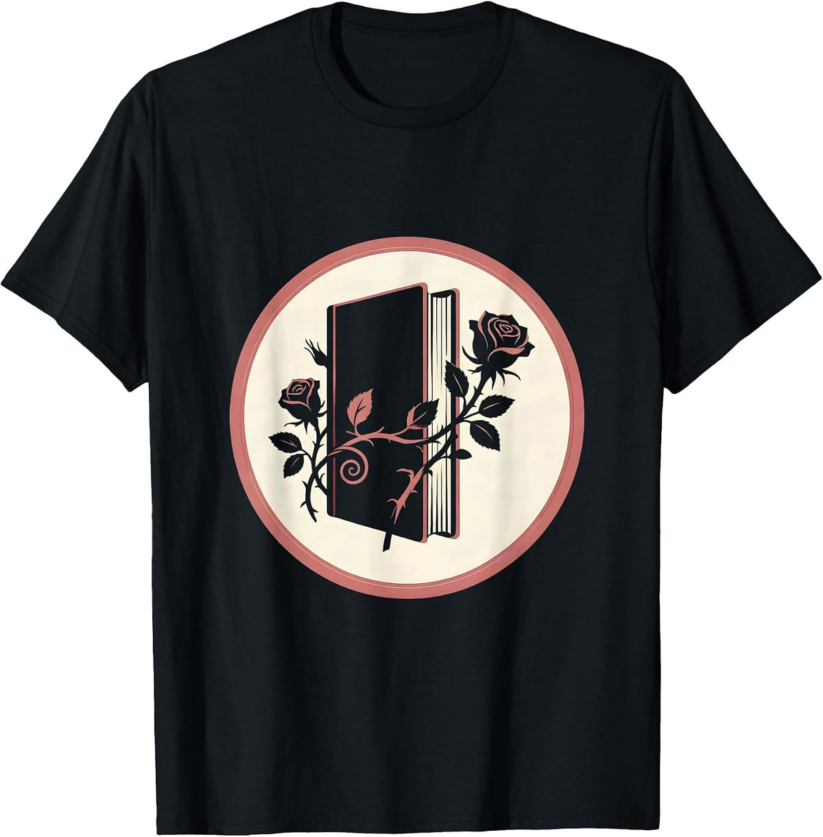 Men's Book Spine Climbing Rose Vines Illustration T-Shirt - Black