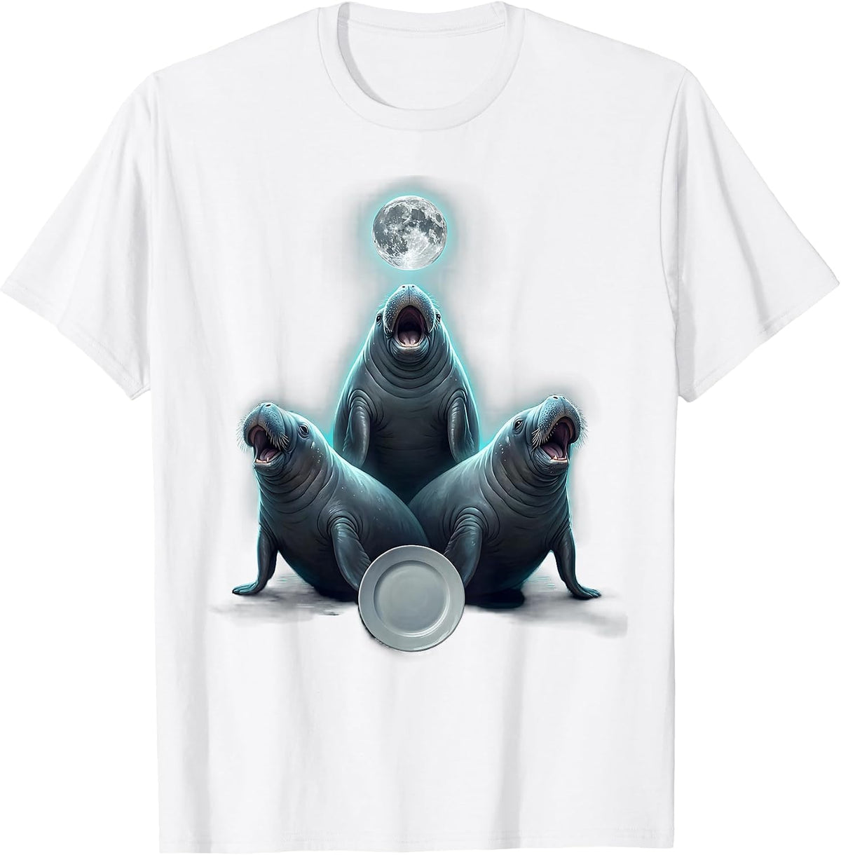 Men's Three Manatee Moon Howling Funny Animal Meme Parody T-Shirt - White
