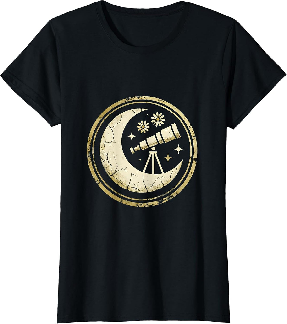 Vintage Telescope Starry Sky Astronomy Illustration T-Shirt - Black
