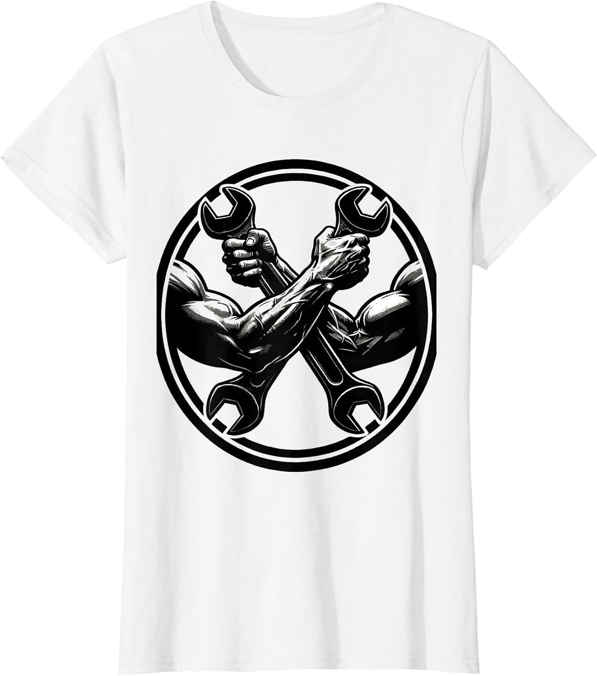 Women's Mechanic Wrench Gripping Muscular Arms Graphic T-Shirt - White