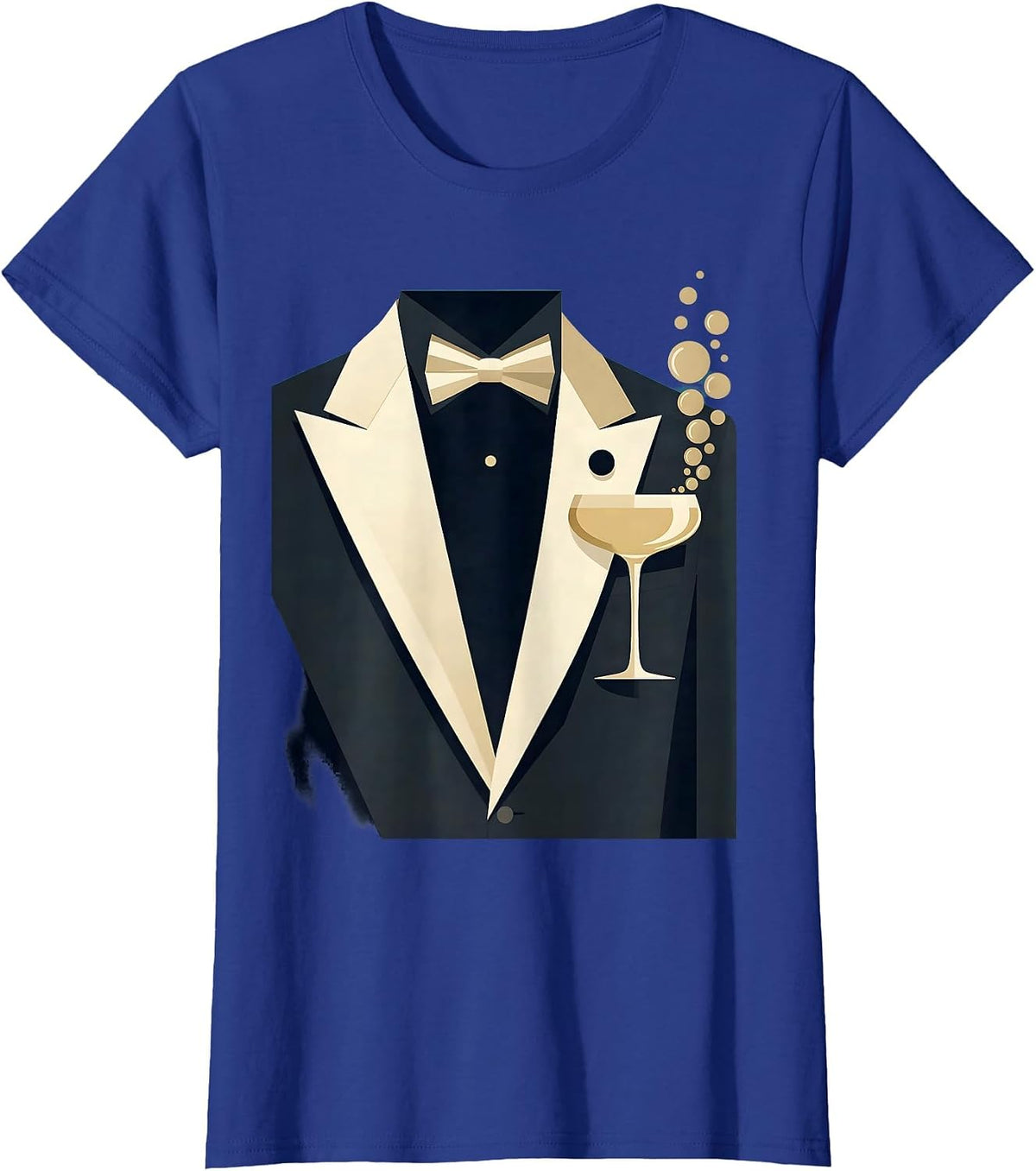 Women's Tuxedo Lapel Champagne Glass Graphic Tee T-Shirt - Royal Blue