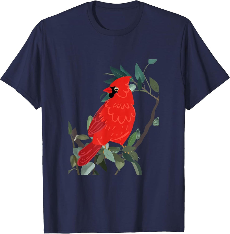 Northern Cardinal, Red Bird on Tree Branch T-Shirt - Navy Blue