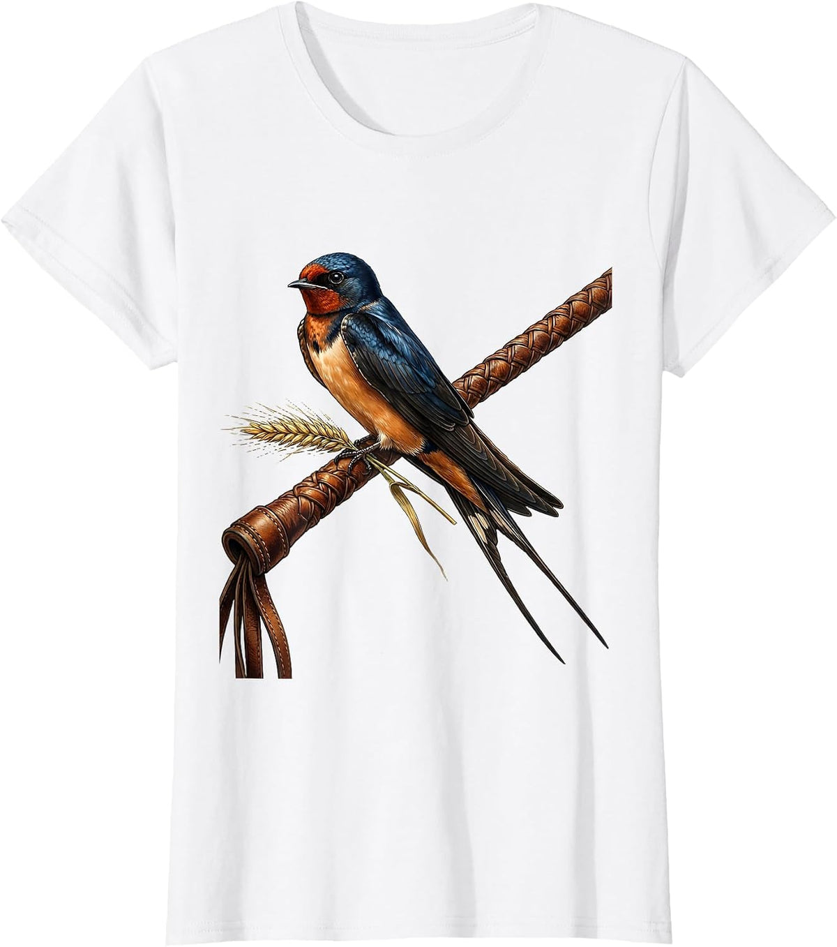 Barn Swallow on Riding Crop Equestrian Design T-Shirt - White