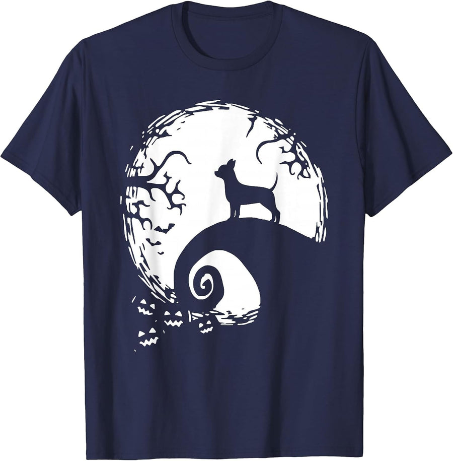 Chihuahua Dog Halloween with Moon Pumpkin Silhouette T-Shirt - Navy Blue