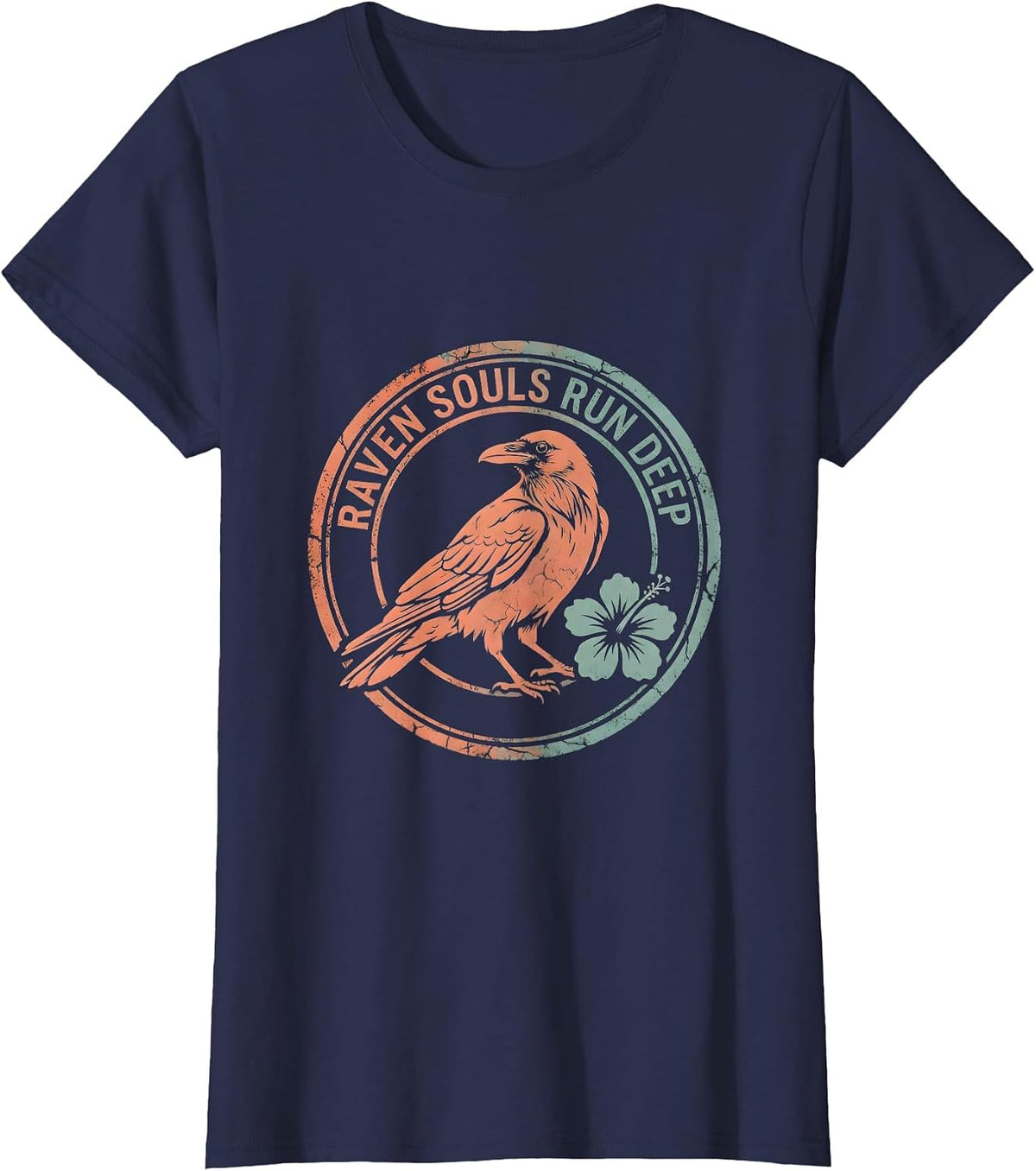 Women's Raven Souls Run Deep Mystic Bird Design T-Shirt - Navy Blue