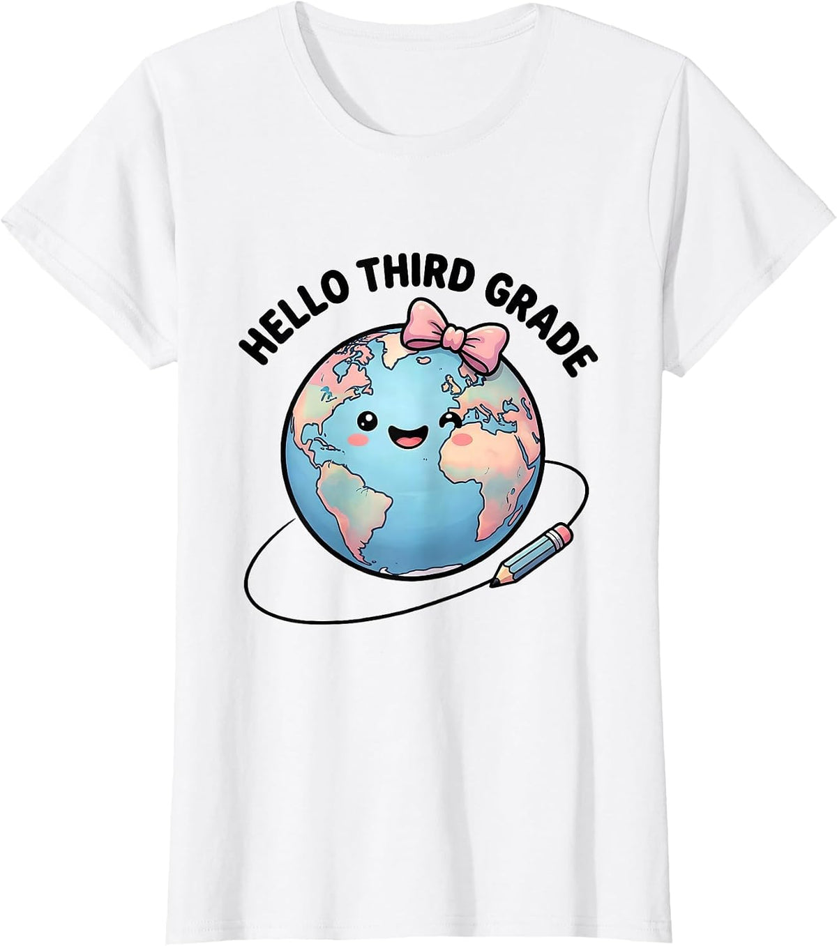 Women's Hello Third Grade Cute Kawaii Back to School Bow Pencil T-Shirt - White