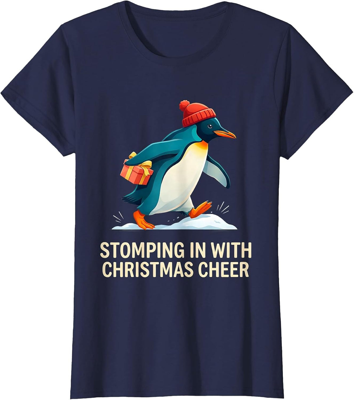 Women's Stomping In With Christmas Cheer Funny Penguin Lover T-Shirt - Navy Blue