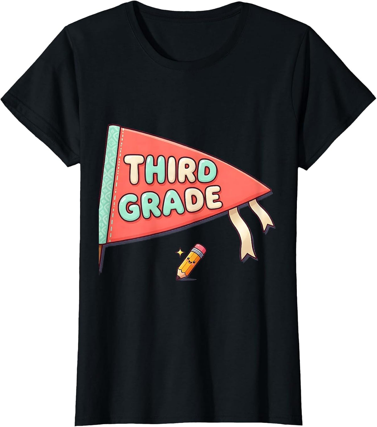 Women's Third Grade Cute Kawaii Back To School Pennant Flag T-Shirt - Black